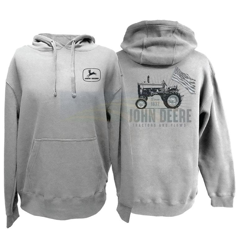 John Deere Oxford Grey Vintage Tractor with Flag Hoodie 13022278OX Emmetts Shop